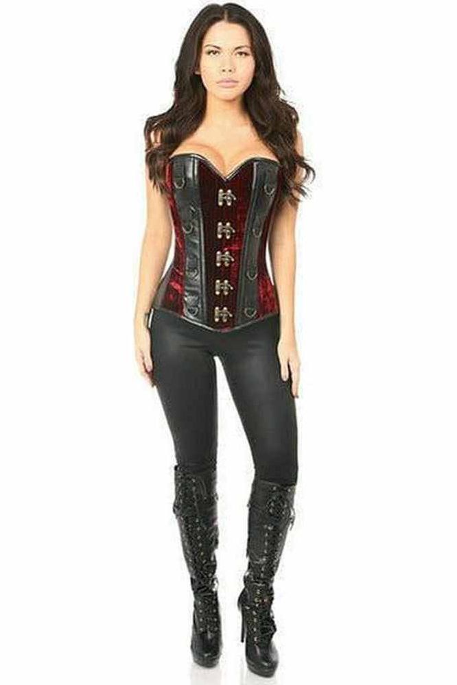 Top Drawer Red Velvet & Faux Leather Steel Boned Corset - Daisy Corsets