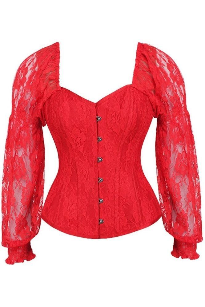 Top Drawer Red w/Red Lace Steel Boned Long Sleeve Corset - Daisy Corsets