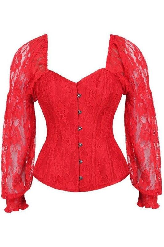Top Drawer Red w/Red Lace Steel Boned Long Sleeve Corset - Daisy Corsets