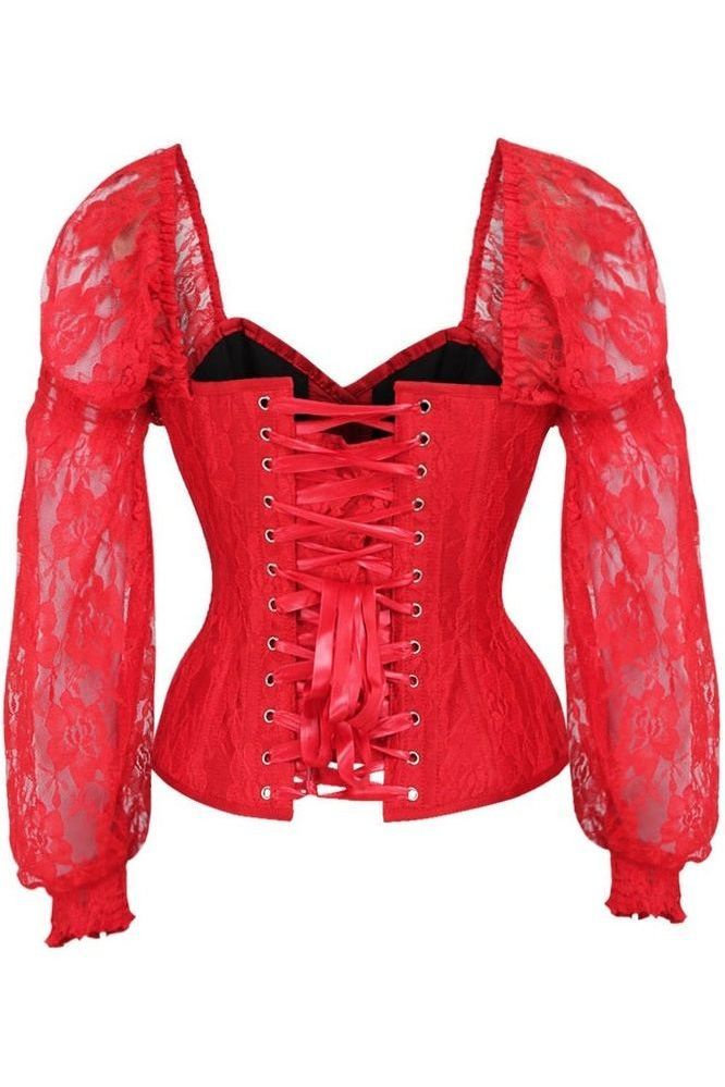 Top Drawer Red w/Red Lace Steel Boned Long Sleeve Corset - Daisy Corsets