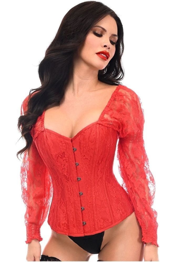 Top Drawer Red w/Red Lace Steel Boned Long Sleeve Corset - Daisy Corsets