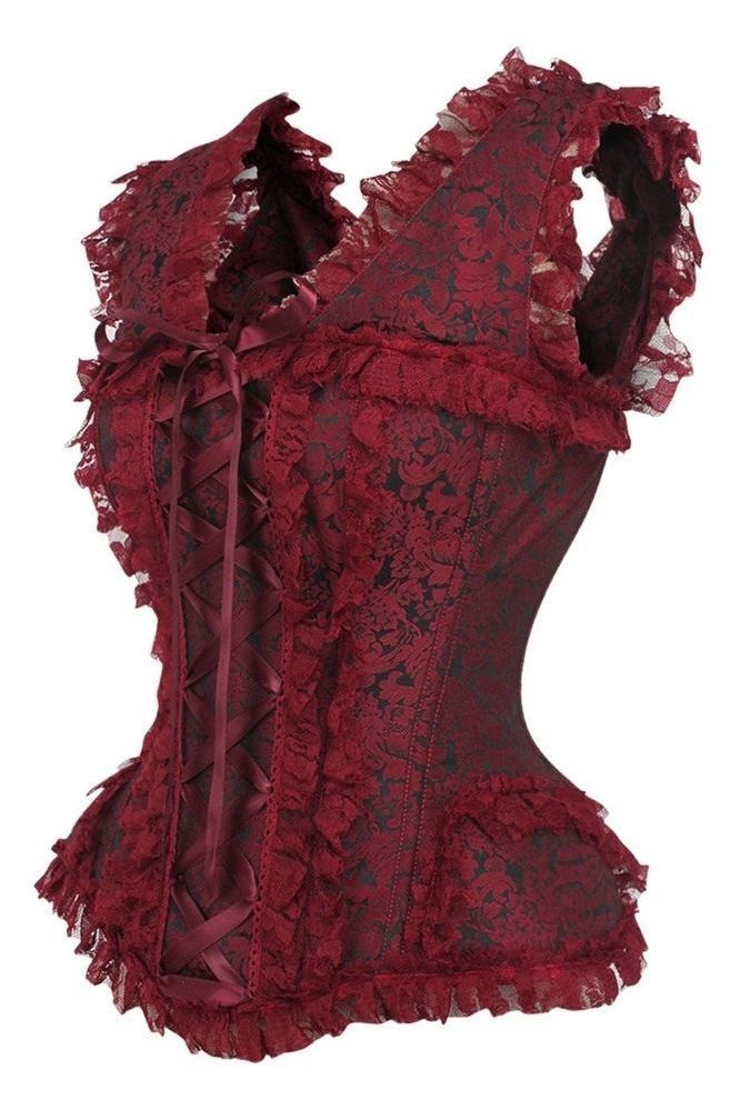 Top Drawer Red/Black Brocade & Lace Steel Boned Corset w/Cap Sleeves - Daisy Corsets
