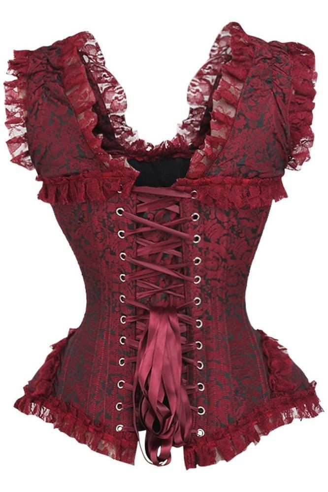 Top Drawer Red/Black Brocade & Lace Steel Boned Corset w/Cap Sleeves - Daisy Corsets