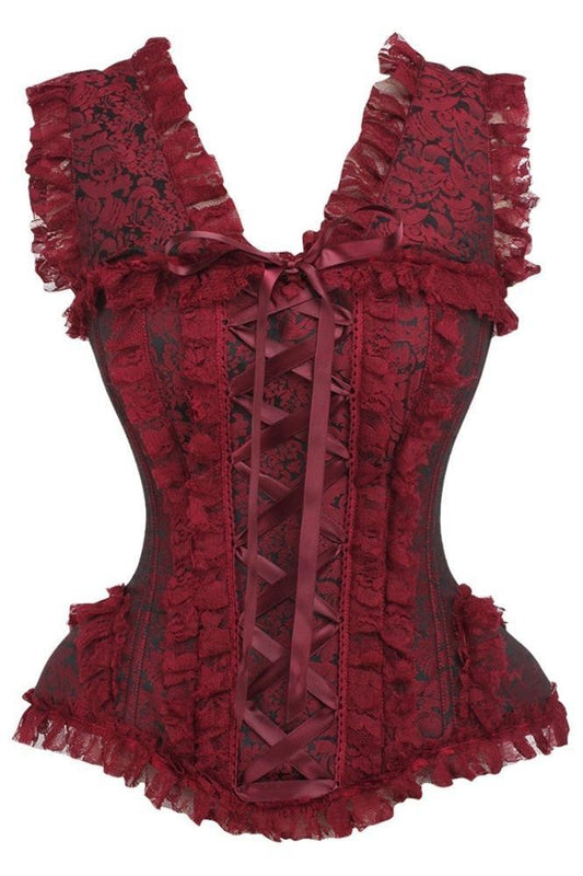 Top Drawer Red/Black Brocade & Lace Steel Boned Corset w/Cap Sleeves - Daisy Corsets