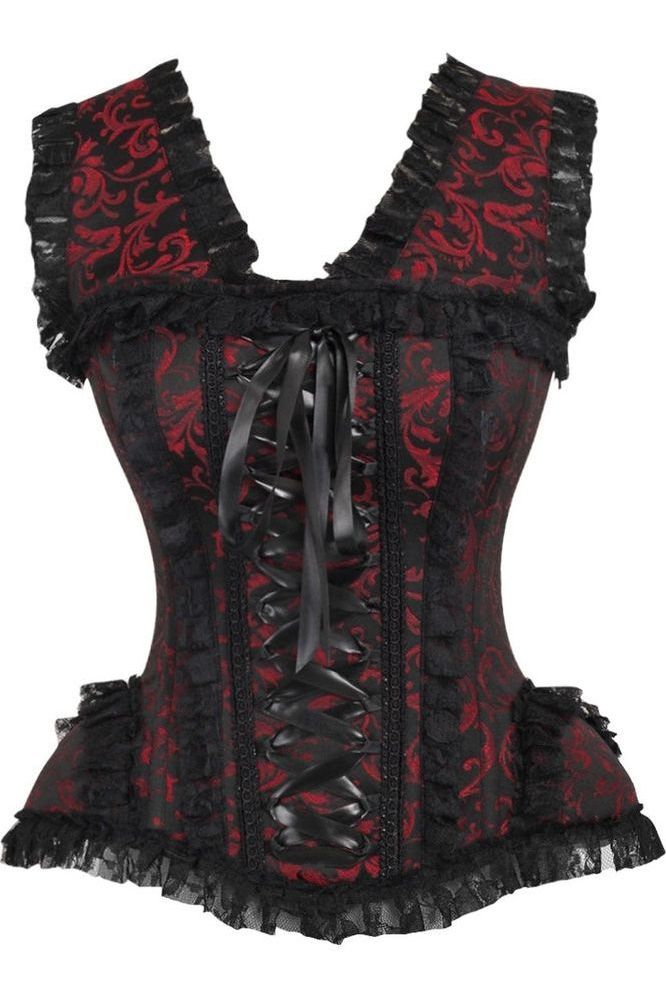 Top Drawer Red/Black Swirl Brocade & Lace Steel Boned Corset w/Cap Sleeves - Daisy Corsets