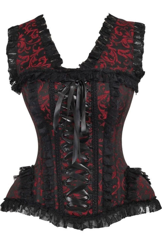Top Drawer Red/Black Swirl Brocade & Lace Steel Boned Corset w/Cap Sleeves - Daisy Corsets