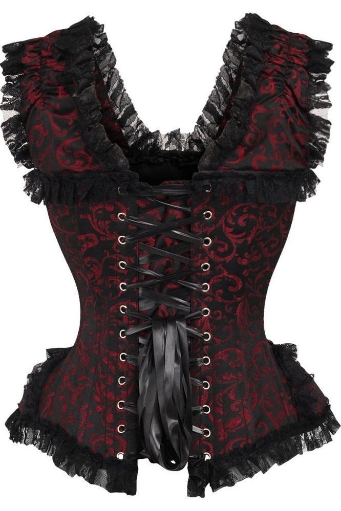 Top Drawer Red/Black Swirl Brocade & Lace Steel Boned Corset w/Cap Sleeves - Daisy Corsets