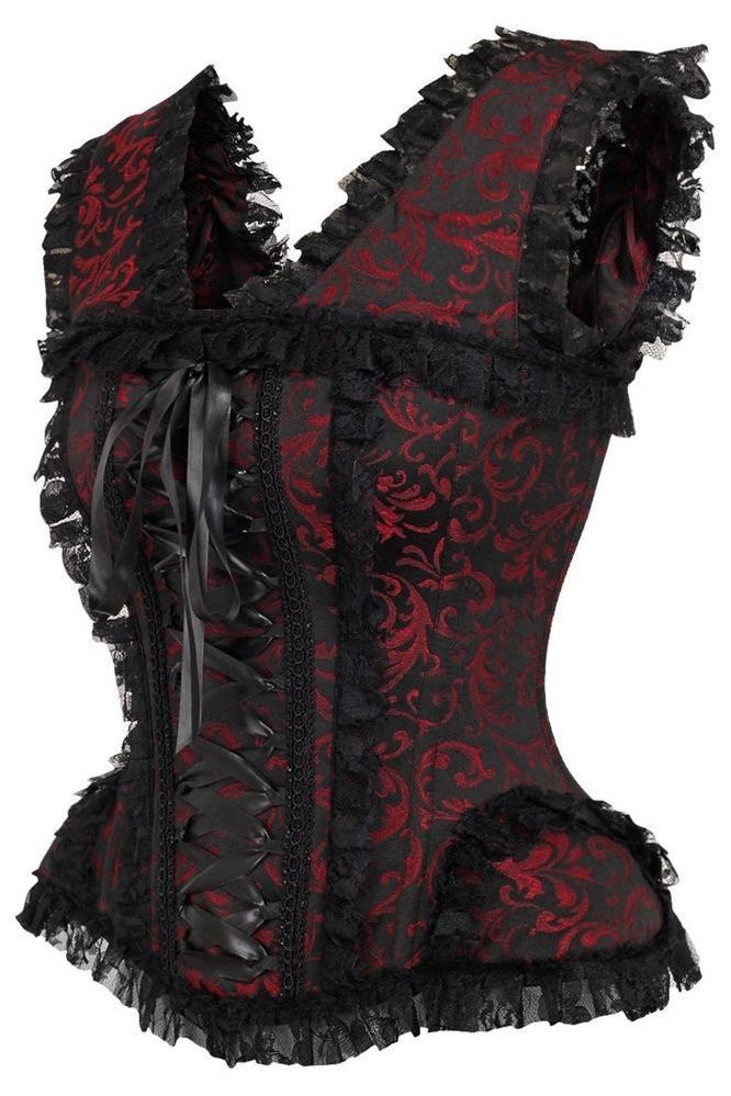 Top Drawer Red/Black Swirl Brocade & Lace Steel Boned Corset w/Cap Sleeves - Daisy Corsets