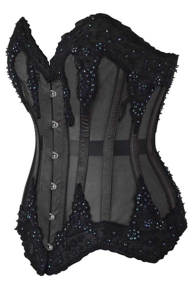 Top Drawer Sheer Black Mesh & Beaded Steel Boned Overbust Corset - Daisy Corsets