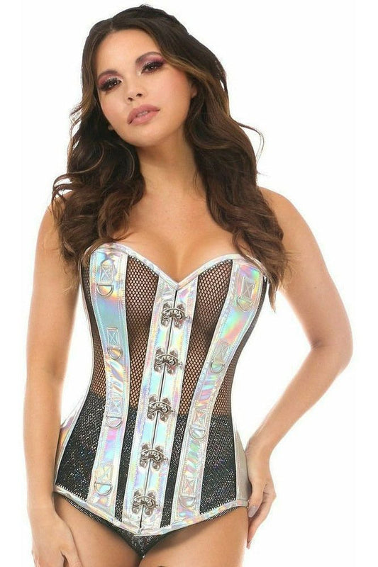 Top Drawer Silver Holo & Black Fishnet Steel Boned Over Bust Corset - Daisy Corsets