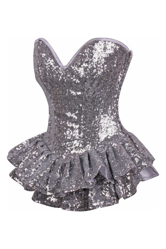 Top Drawer Silver Sequin Steel Boned Mini Corset Dress - Daisy Corsets