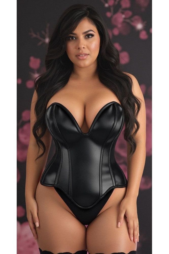 Top Drawer Steel Boned Black Faux Leather Plunge Neckline Overbust Corset - Daisy Corsets