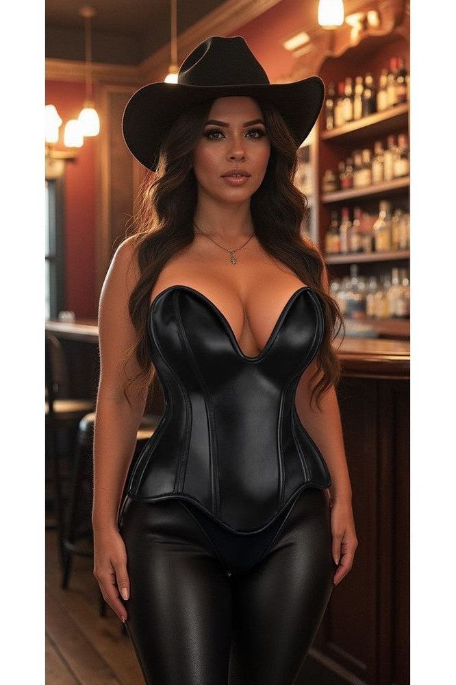 Top Drawer Steel Boned Black Faux Leather Plunge Neckline Overbust Corset - Daisy Corsets