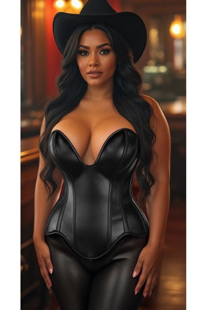 Top Drawer Steel Boned Black Faux Leather Plunge Neckline Overbust Corset - Daisy Corsets