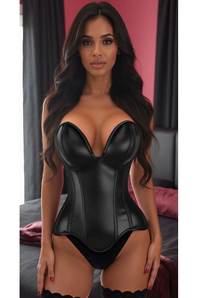 Top Drawer Steel Boned Black Faux Leather Plunge Neckline Overbust Corset - Daisy Corsets