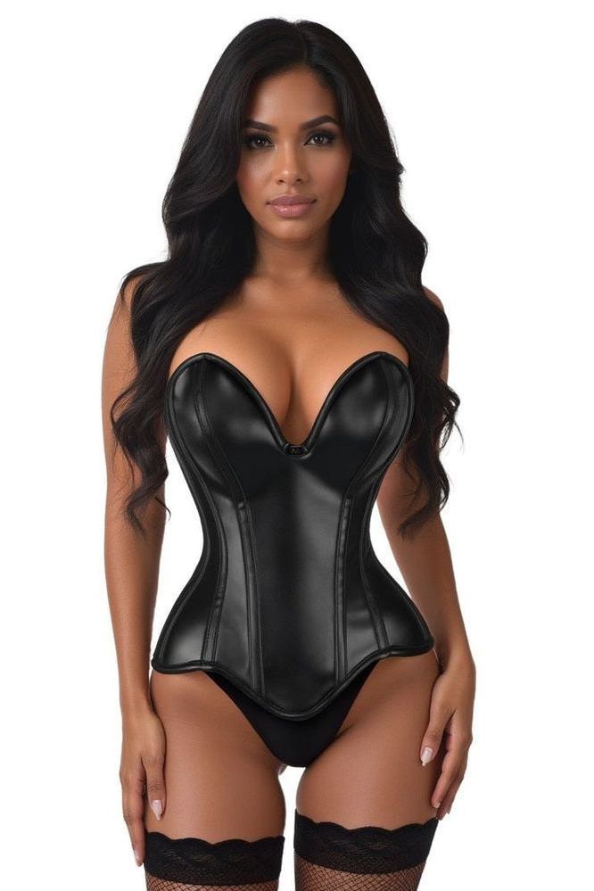 Top Drawer Steel Boned Black Faux Leather Plunge Neckline Overbust Corset - Daisy Corsets