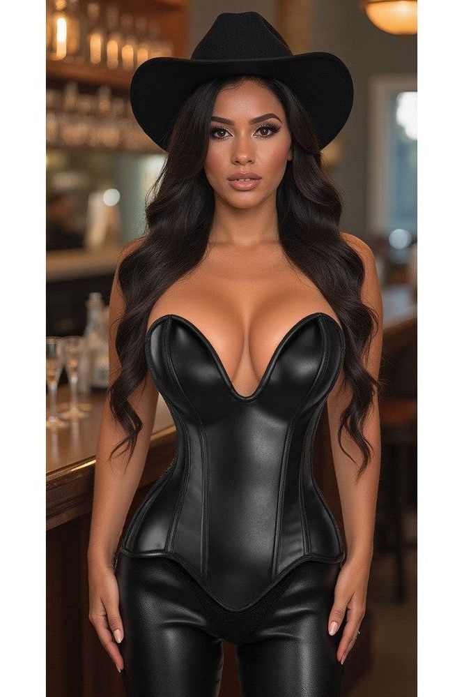 Top Drawer Steel Boned Black Faux Leather Plunge Neckline Overbust Corset - Daisy Corsets