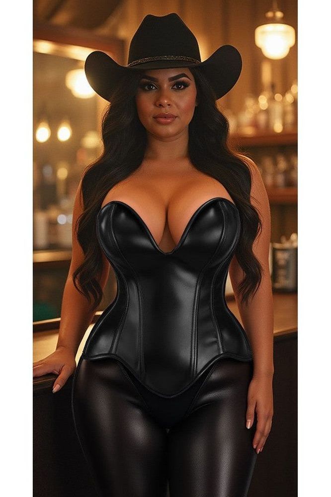 Top Drawer Steel Boned Black Faux Leather Plunge Neckline Overbust Corset - Daisy Corsets