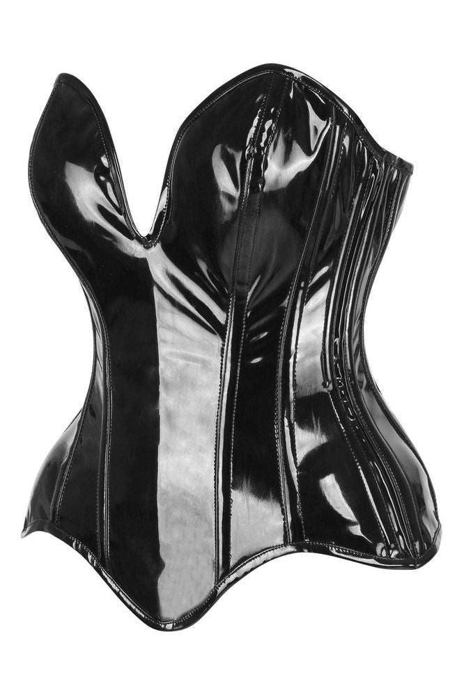 Top Drawer Steel Boned Black Patent Plunge Neckline Overbust Corset - Daisy Corsets