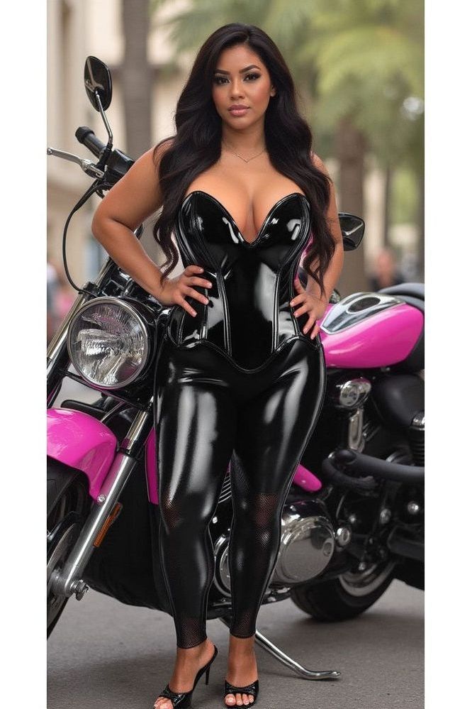 Top Drawer Steel Boned Black Patent Plunge Neckline Overbust Corset - Daisy Corsets