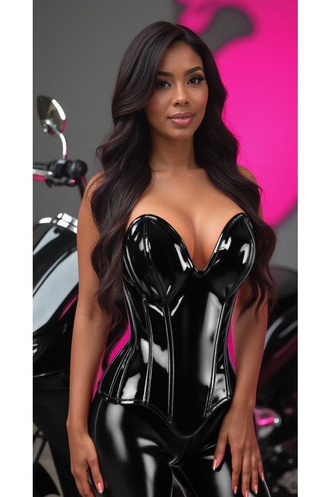 Top Drawer Steel Boned Black Patent Plunge Neckline Overbust Corset - Daisy Corsets