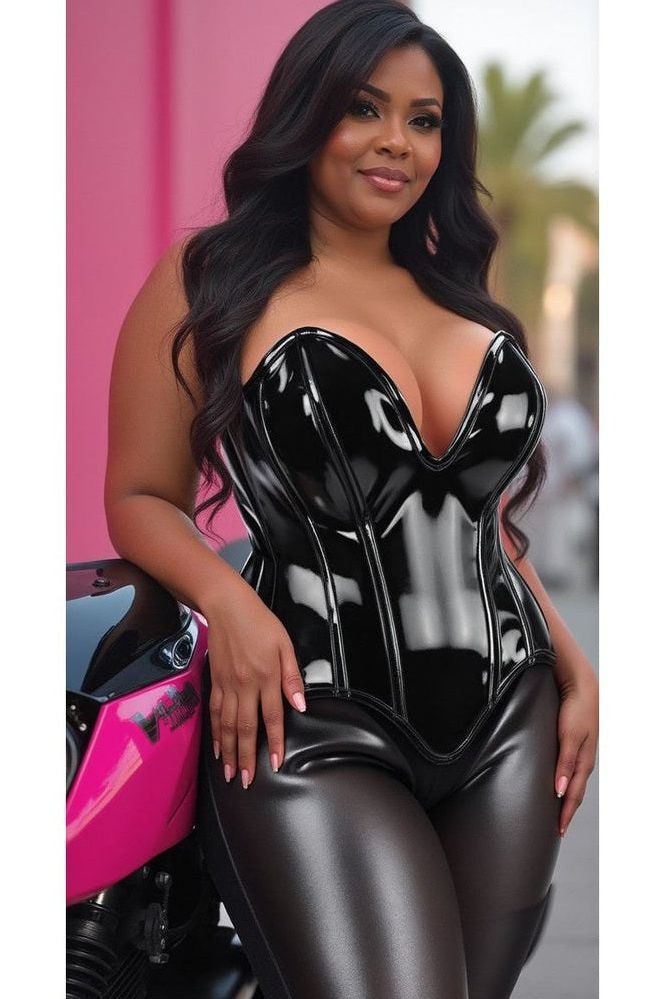 Top Drawer Steel Boned Black Patent Plunge Neckline Overbust Corset - Daisy Corsets
