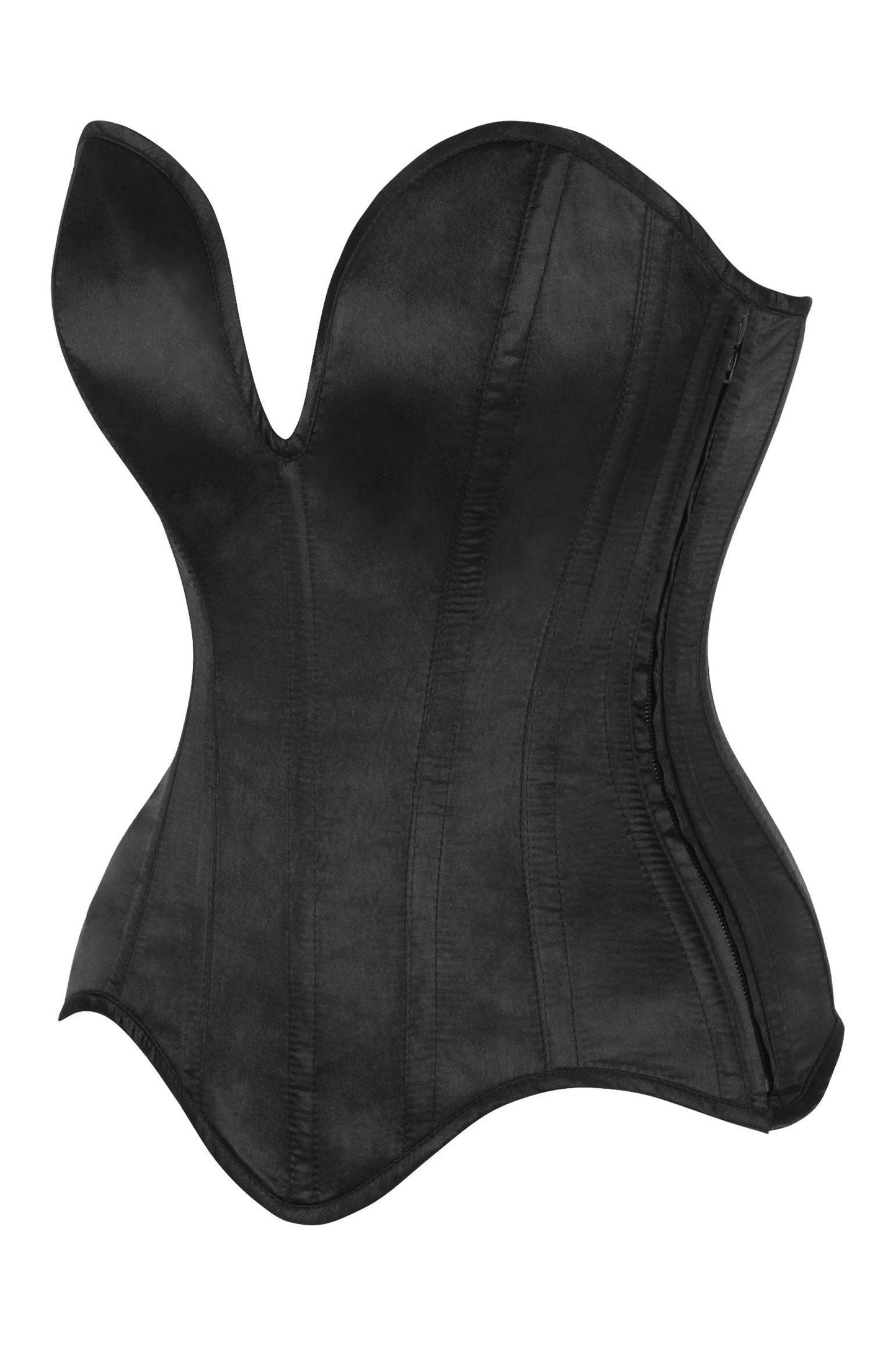 Top Drawer Steel Boned Black Satin Plunge Neckline Overbust Corset - Daisy Corsets
