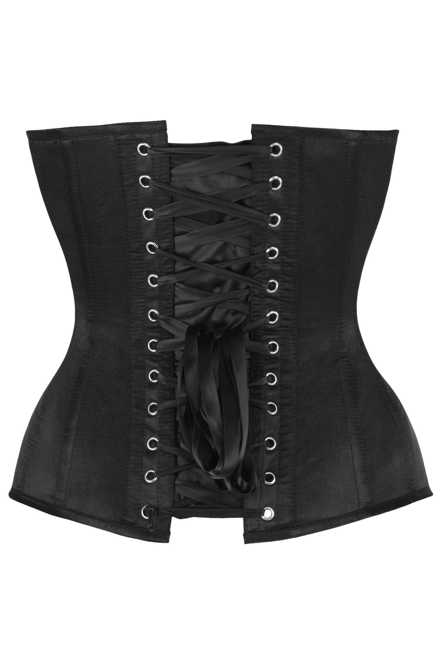 Top Drawer Steel Boned Black Satin Plunge Neckline Overbust Corset - Daisy Corsets