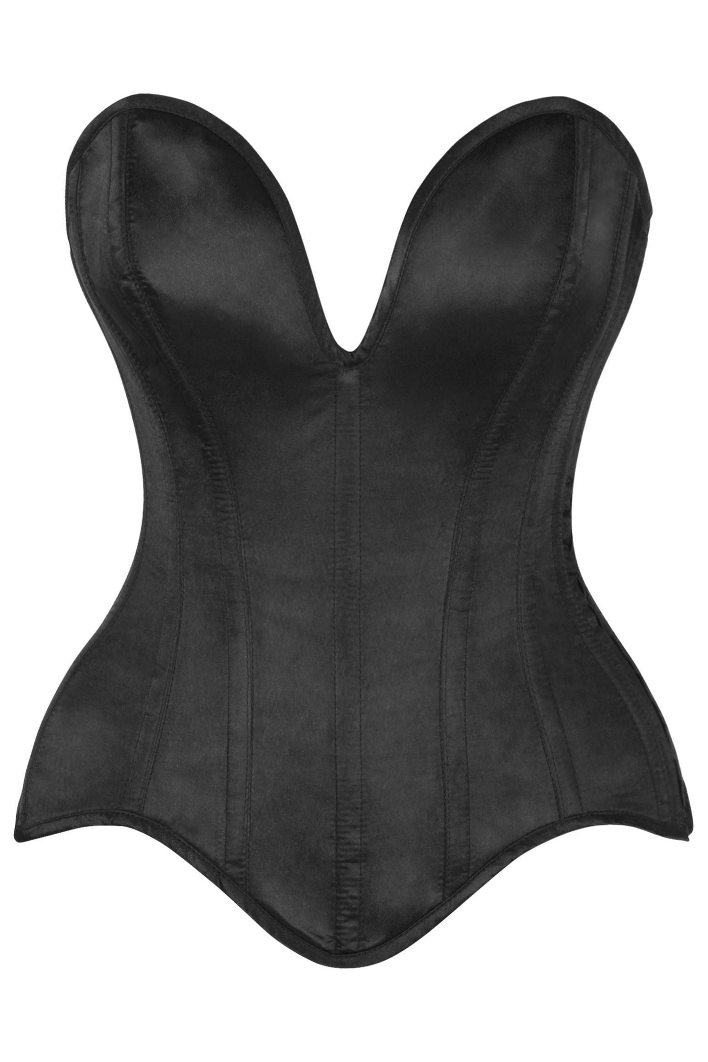 Top Drawer Steel Boned Black Satin Plunge Neckline Overbust Corset - Daisy Corsets