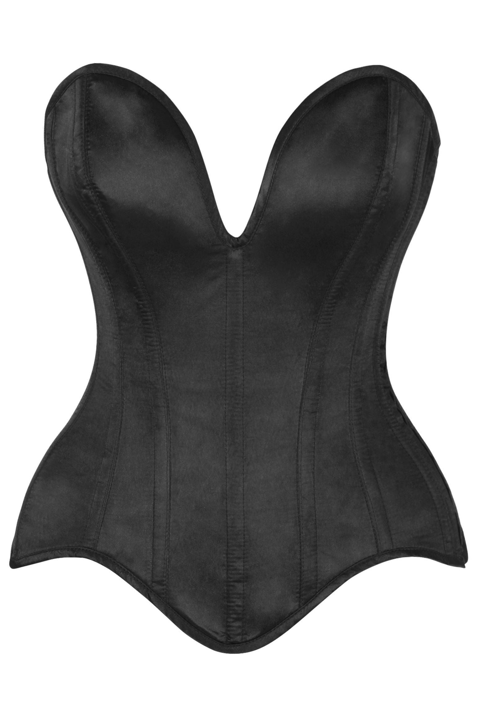 Top Drawer Steel Boned Black Satin Plunge Neckline Overbust Corset - Daisy Corsets