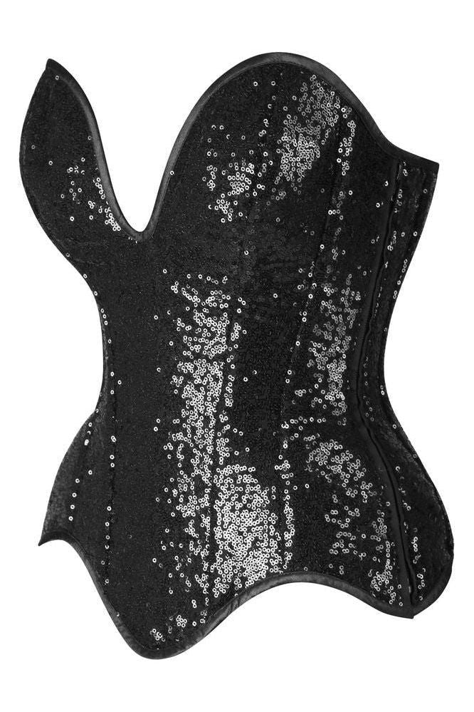 Top Drawer Steel Boned Black Sequin Plunge Neckline Overbust Corset - Daisy Corsets