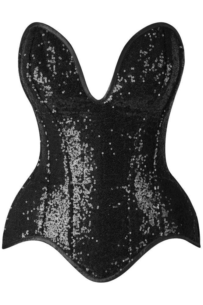 Top Drawer Steel Boned Black Sequin Plunge Neckline Overbust Corset - Daisy Corsets