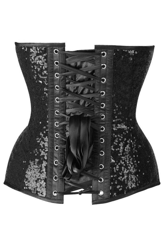 Top Drawer Steel Boned Black Sequin Plunge Neckline Overbust Corset - Daisy Corsets