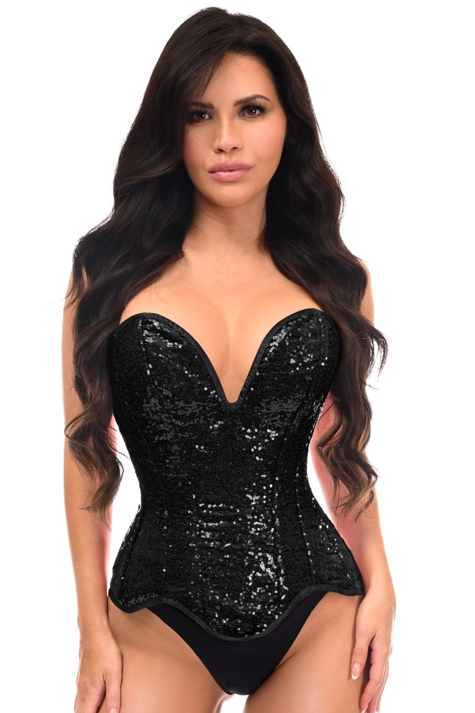 Top Drawer Steel Boned Black Sequin Plunge Neckline Overbust Corset - Daisy Corsets