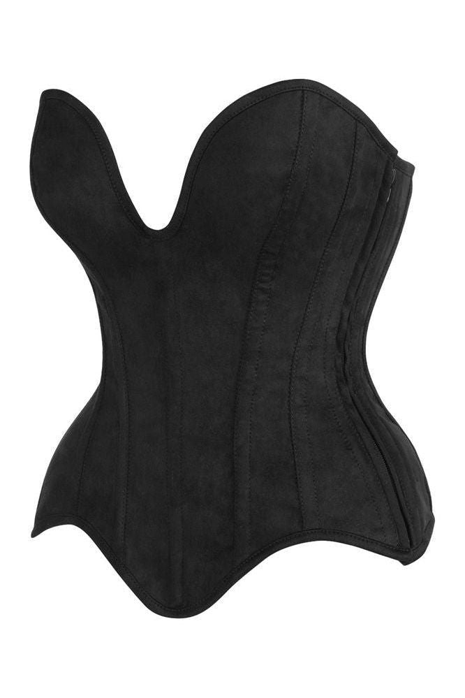 Top Drawer Steel Boned Black Suede Deep Plunge Overbust Corset Top - Daisy Corsets