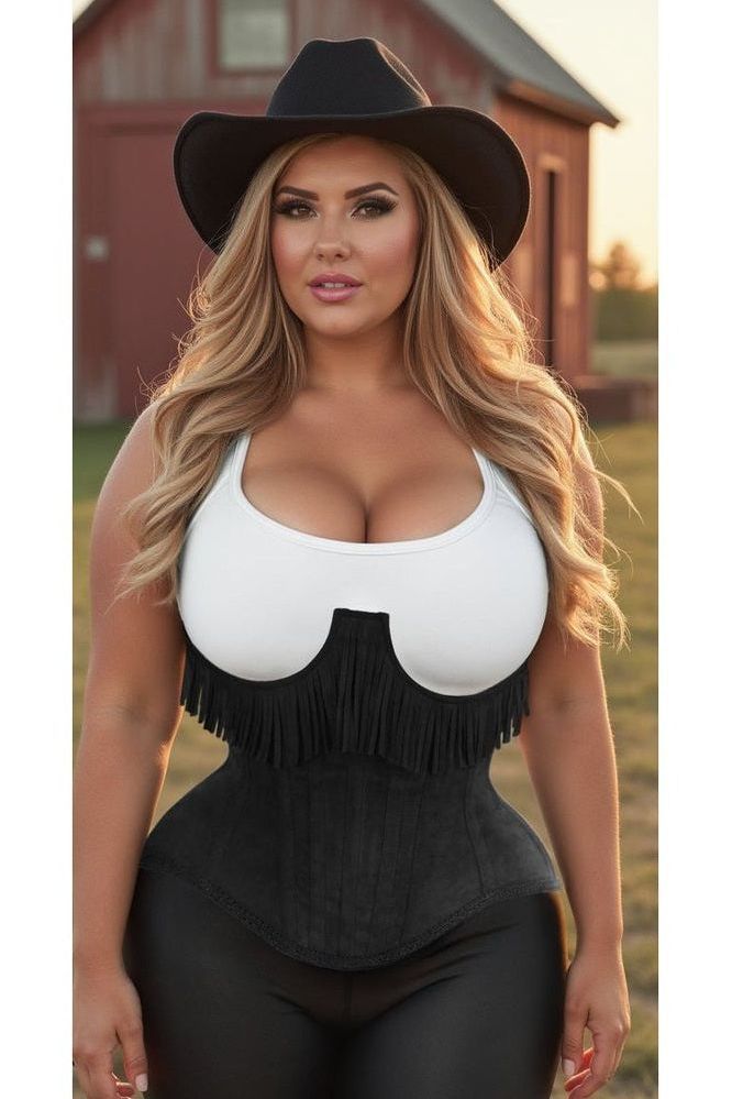 Top Drawer Steel Boned Black Suede Underwire Underbust Corset Cincher w/Fringe - Daisy Corsets