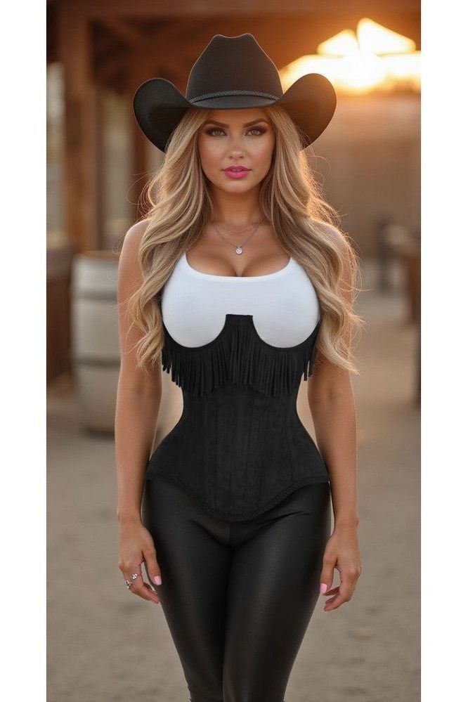 Top Drawer Steel Boned Black Suede Underwire Underbust Corset Cincher w/Fringe - Daisy Corsets