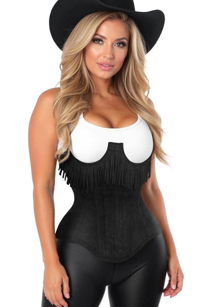 Top Drawer Steel Boned Black Suede Underwire Underbust Corset Cincher w/Fringe - Daisy Corsets