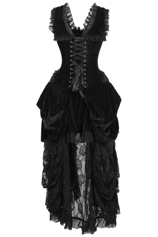Top Drawer Steel Boned Black Velvet Victorian Bustle Corset Dress - Daisy Corsets