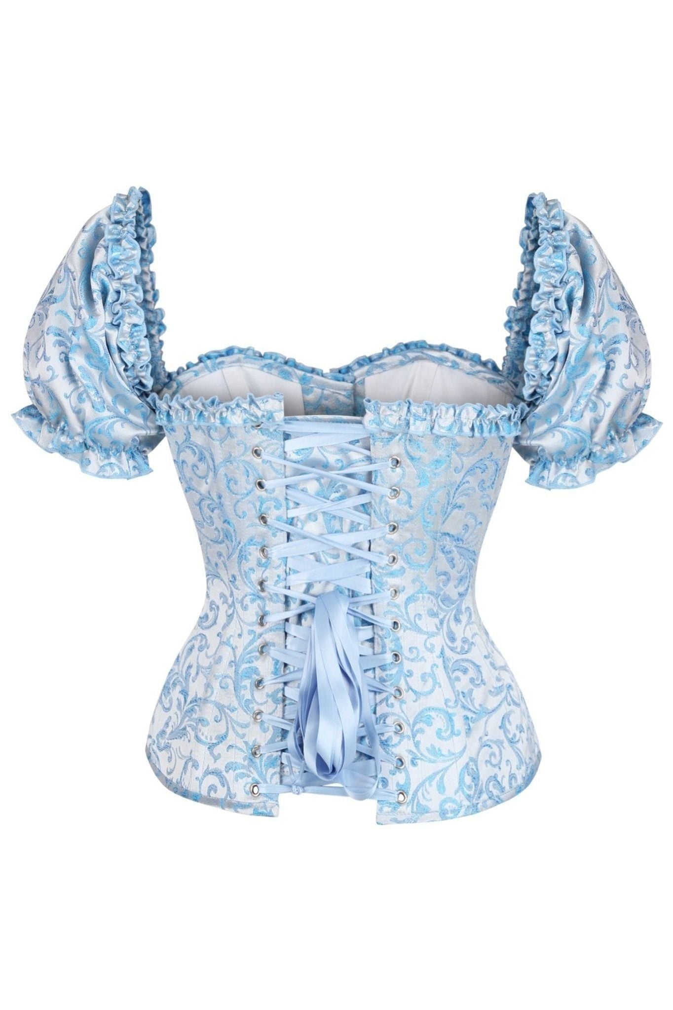Top Drawer Steel Boned Blue Brocade Overbust Corset Top w/Sleeves - Daisy Corsets