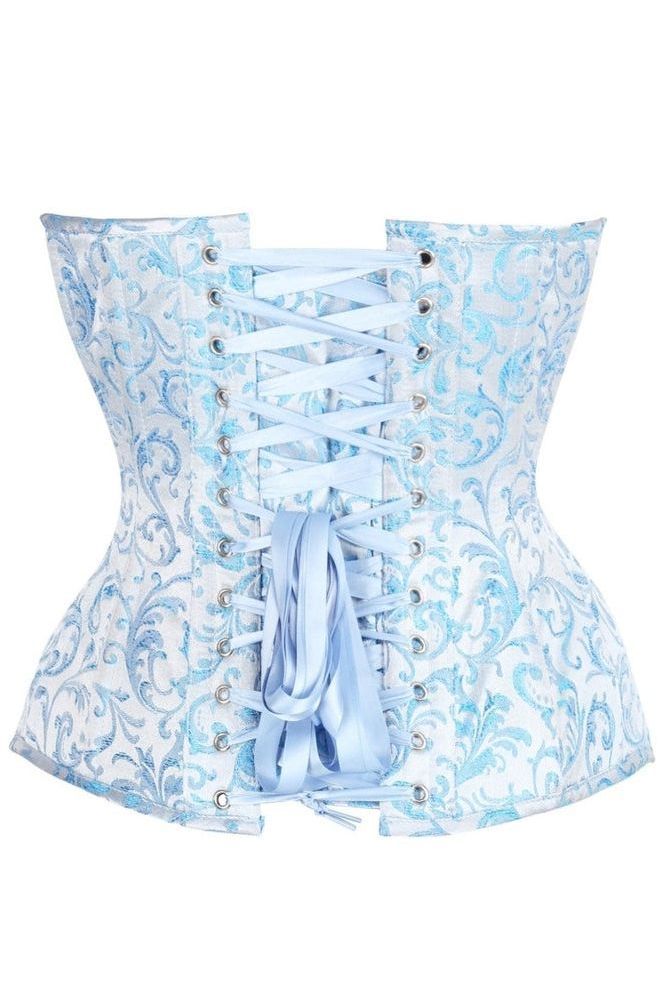 Top Drawer Steel Boned Blue Brocade Plunge Overbust Corset Top - Daisy Corsets
