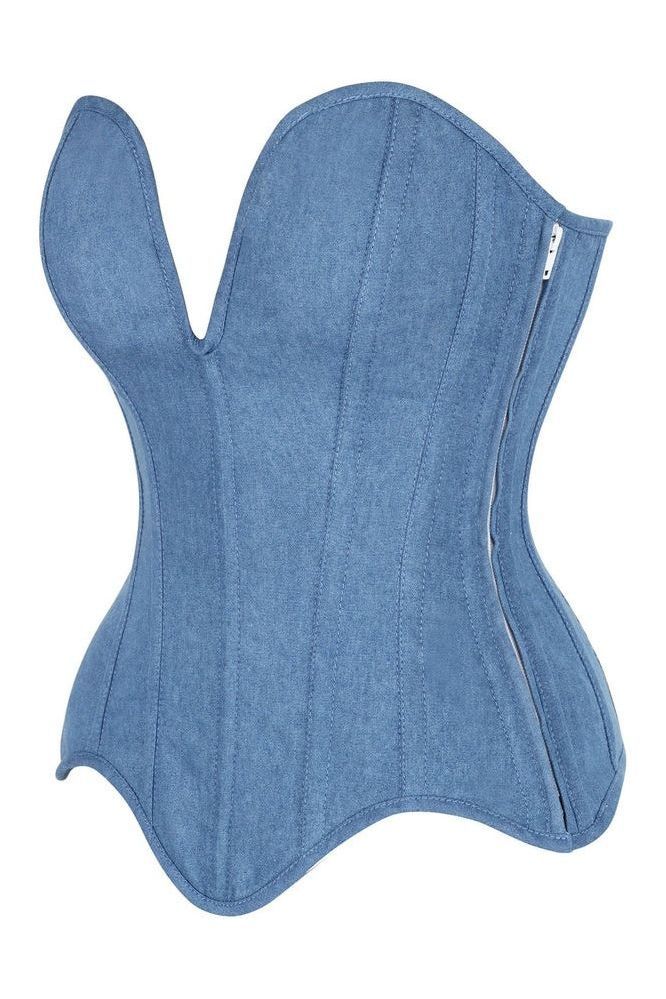 Top Drawer Steel Boned Blue Denim Plunge Neckline Overbust Corset - Daisy Corsets