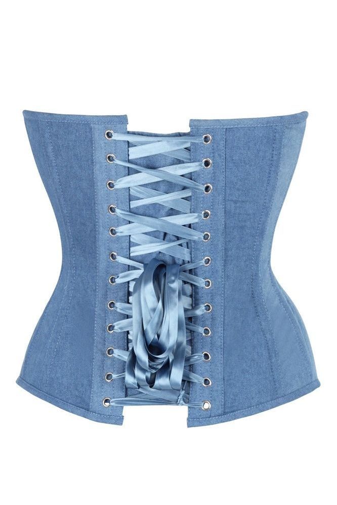 Top Drawer Steel Boned Blue Denim Plunge Neckline Overbust Corset - Daisy Corsets