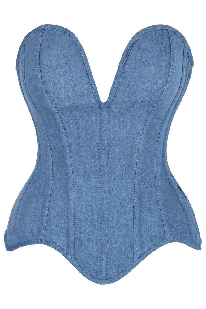 Top Drawer Steel Boned Blue Denim Plunge Neckline Overbust Corset - Daisy Corsets