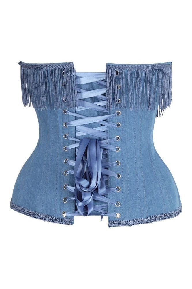 Top Drawer Steel Boned Blue Denim Underwire Underbust Corset Cincher w/Fringe - Daisy Corsets