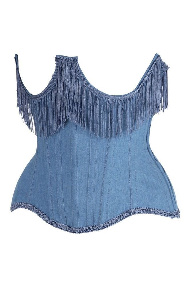 Top Drawer Steel Boned Blue Denim Underwire Underbust Corset Cincher w/Fringe - Daisy Corsets