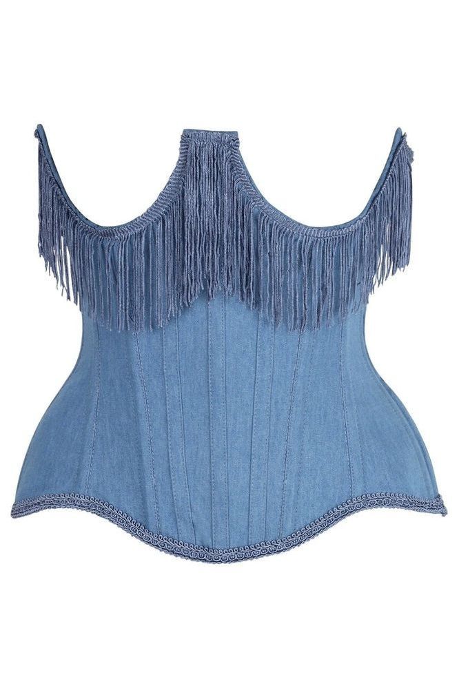 Top Drawer Steel Boned Blue Denim Underwire Underbust Corset Cincher w/Fringe - Daisy Corsets