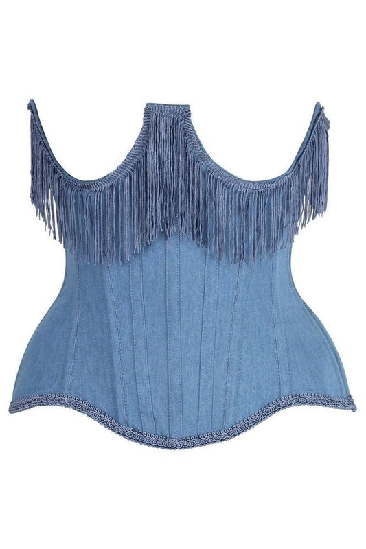 Top Drawer Steel Boned Blue Denim Underwire Underbust Corset Cincher w/Fringe - Daisy Corsets