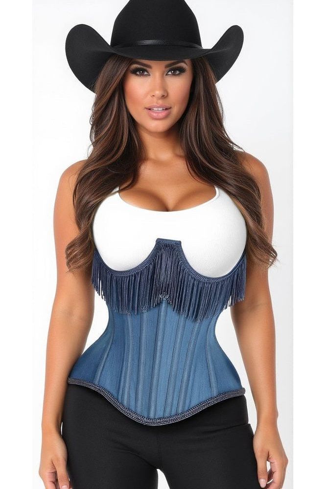 Top Drawer Steel Boned Blue Denim Underwire Underbust Corset Cincher w/Fringe - Daisy Corsets