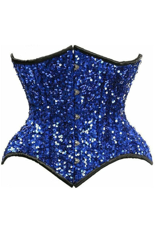 Top Drawer Steel Boned Blue Sequin Curvy Cut Waist Cincher Corset - Daisy Corsets